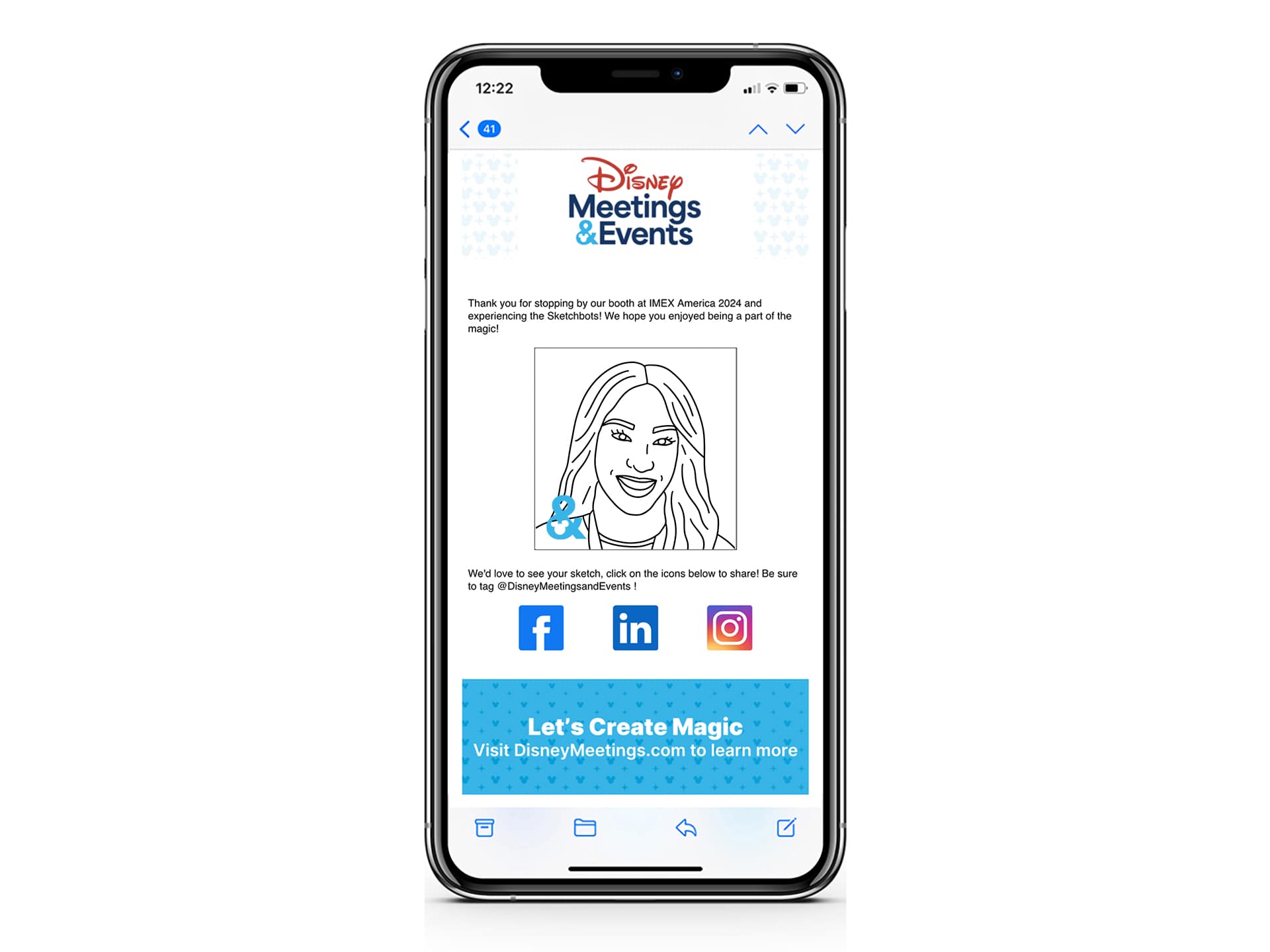 Digital takeaway shown on an iPhone, featuring a personalized sketch with social sharing options