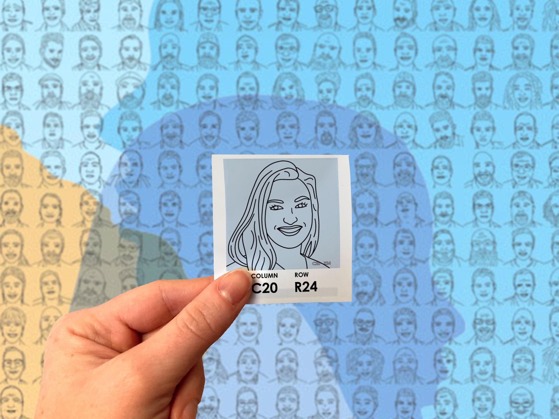 Close-up of a sketched portrait tile, held up in front of a colorful photo mosaic filled with portraits