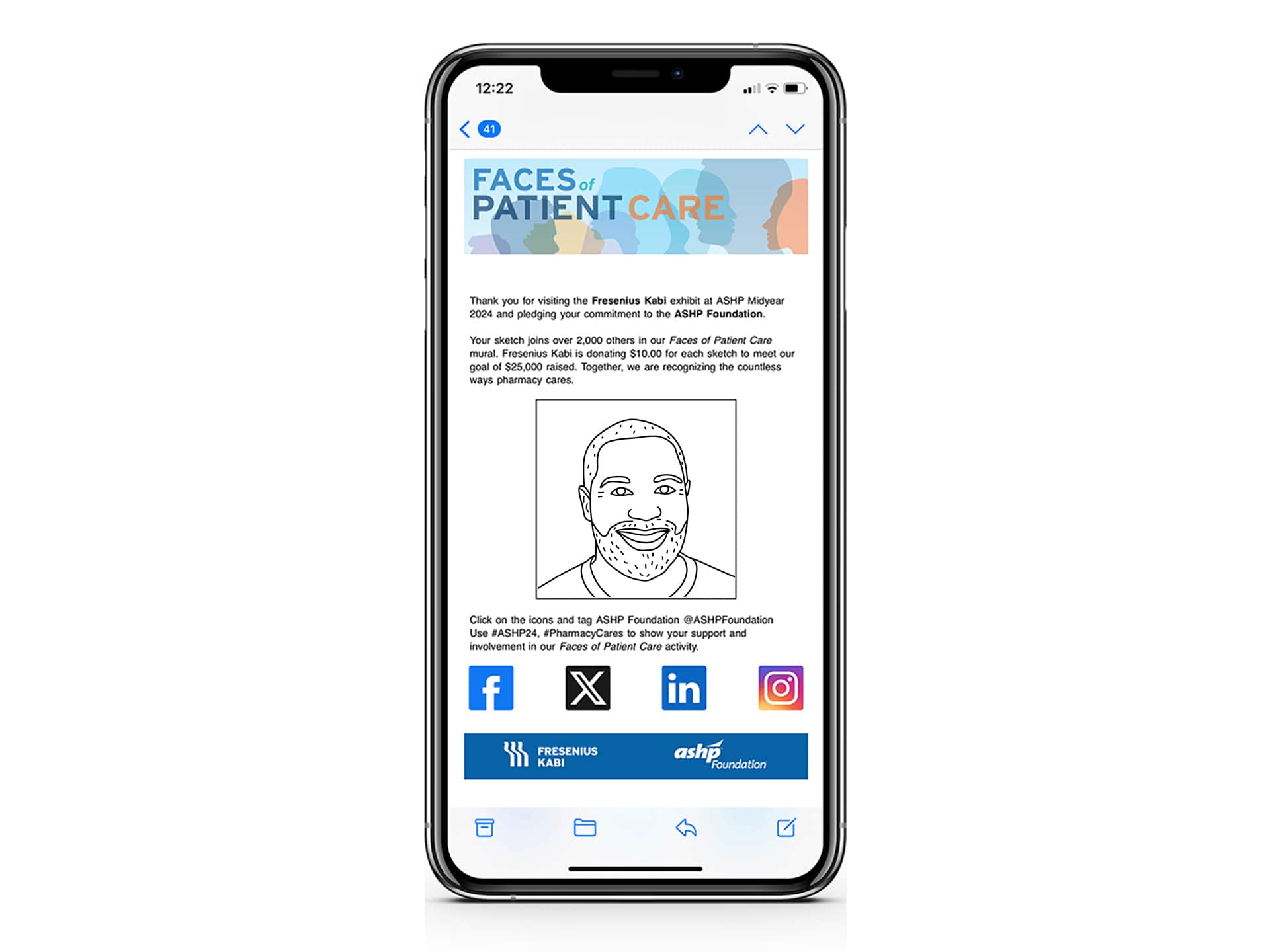 Email takeaway featuring a personalized, sketched portrait with social sharing options