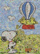 Snoopy Cartoon Comics Peanuts Charlie Brown Vertebrate Natural environment Organism Gesture Cloud Plant People in nature Happy