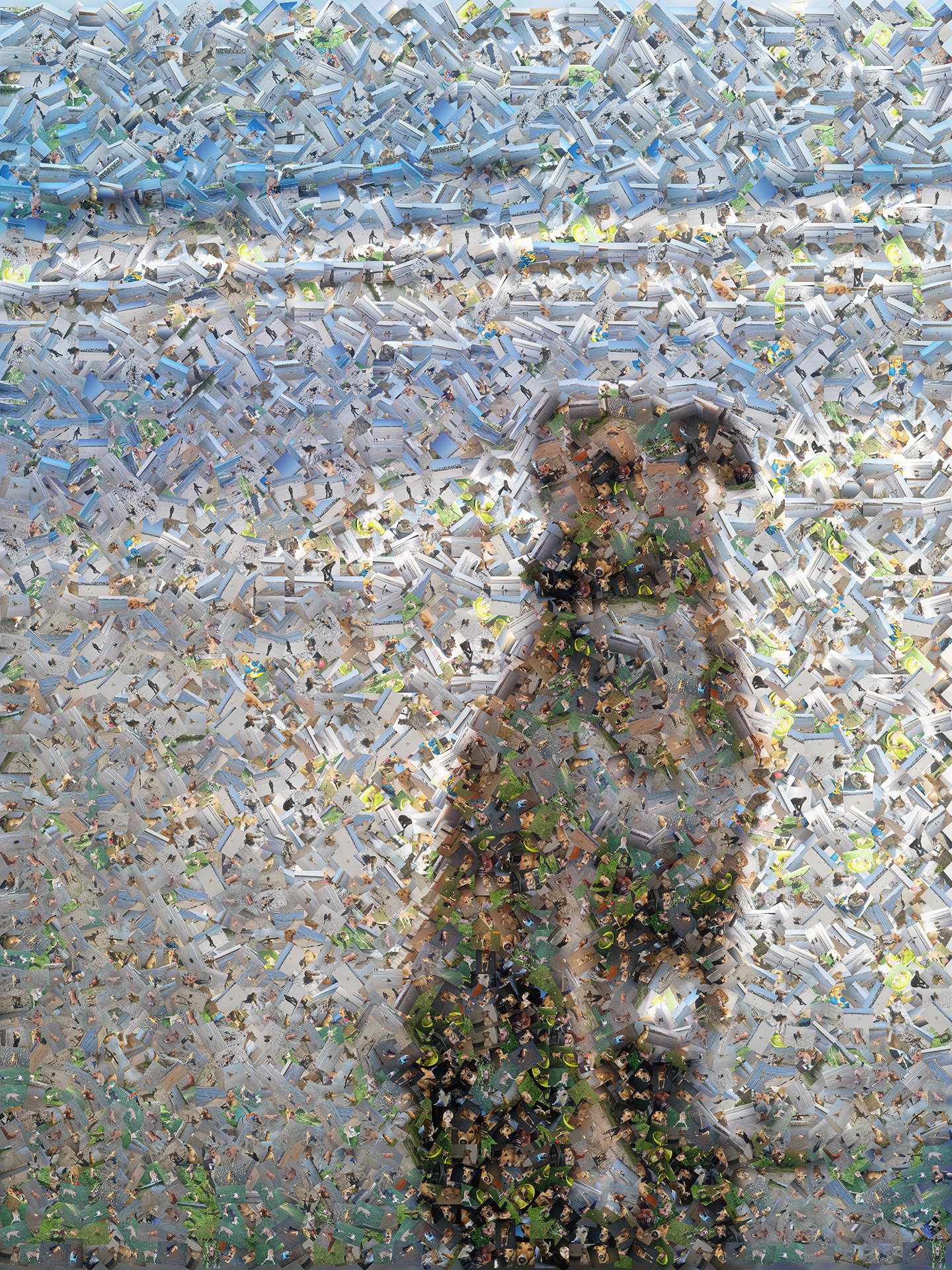 photo mosaic a serene dog sitting on the beach, created using 289 photos