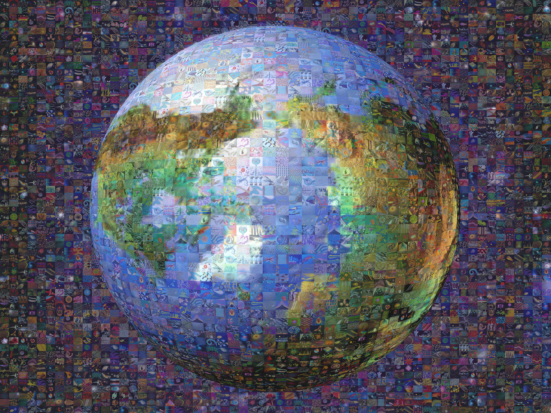 photo mosaic 3D Earth mosaic (looking down at the top of the Earth) created using 583 photos of microorganisms