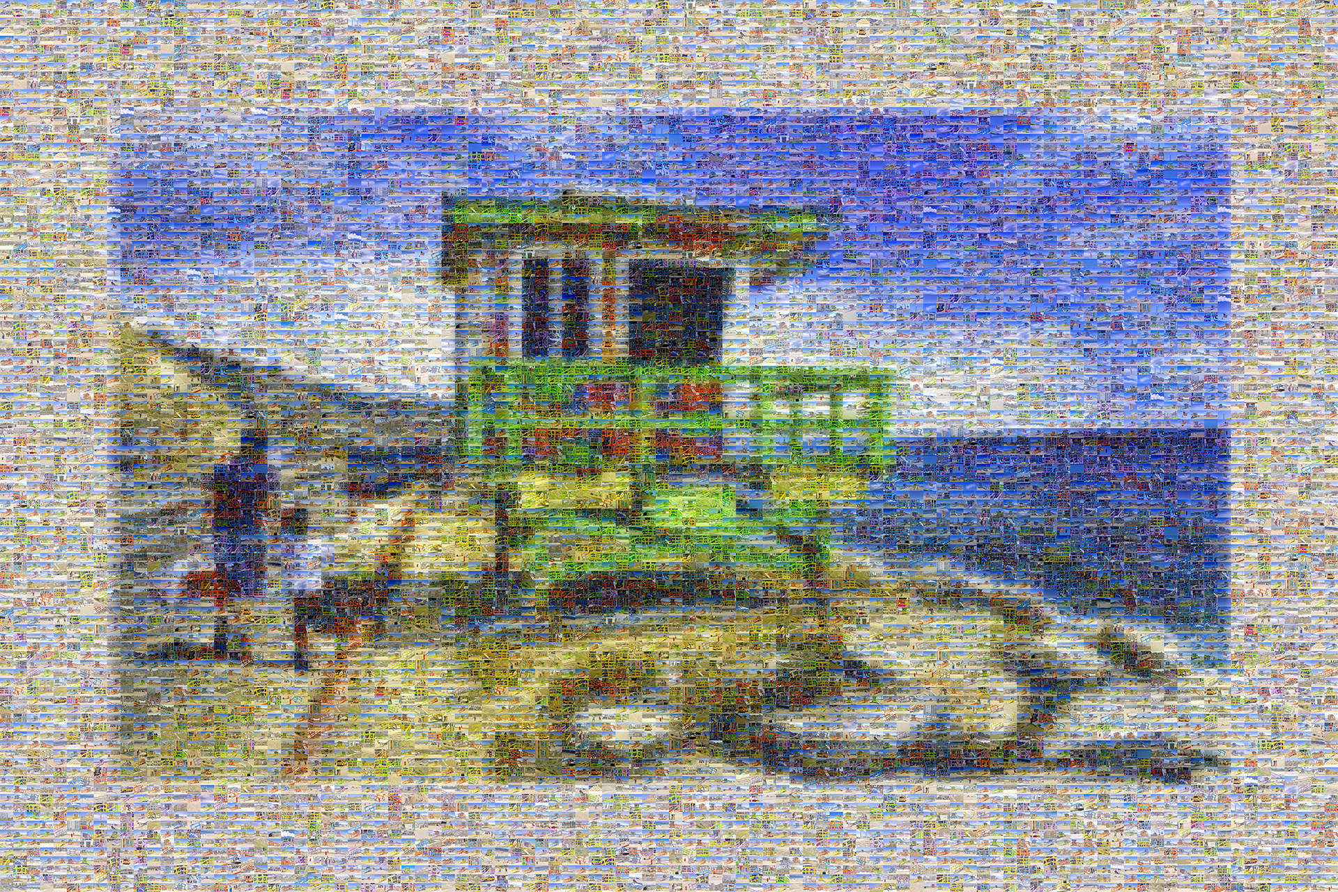 photo mosaic created using 682 images of vibrantly colored lifeguard stands